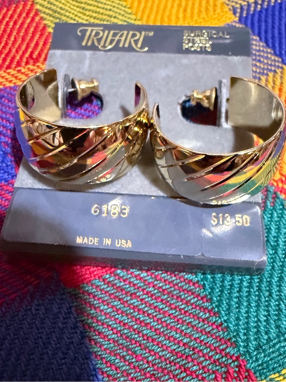 Vintage Trifari Shiny Gold Ribbed Hoop Earrings